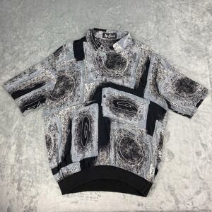 Vtg Alan Stuart Shirt Mens L‎ Geometric Abstract Rayon Banded Waist Disco *HOLE*